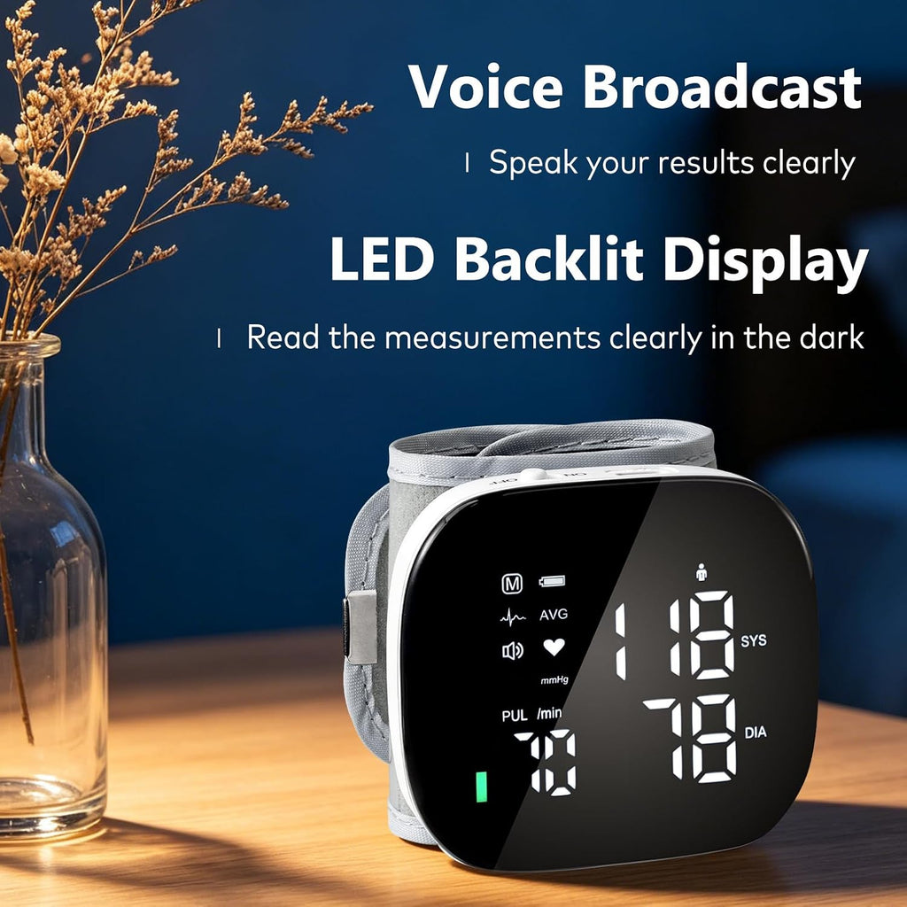 Wrist Blood Pressure Monitor Rechargeable Digital Voice Broadcast LED Backlit BP Machine 199 Memory Storage for 2