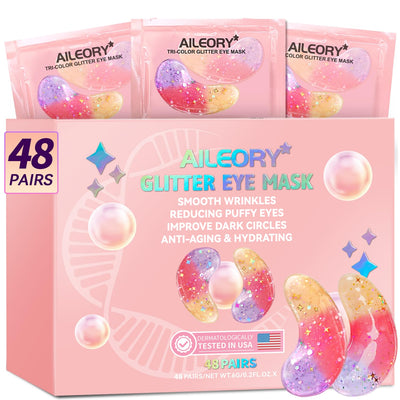 Under Eye Patches (48 Pairs) - Tri-color Glitter Eye Gel Pads for Dark Circles, Puffy Eyes, Under eye Bags, Wrinkles