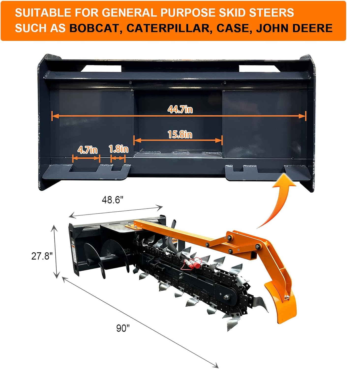Skid Steer Attachment Trencher/Ditcher - 48"Trenching Depth, 8" Width, 15" Auger, Ideal for Utility & Irrigation