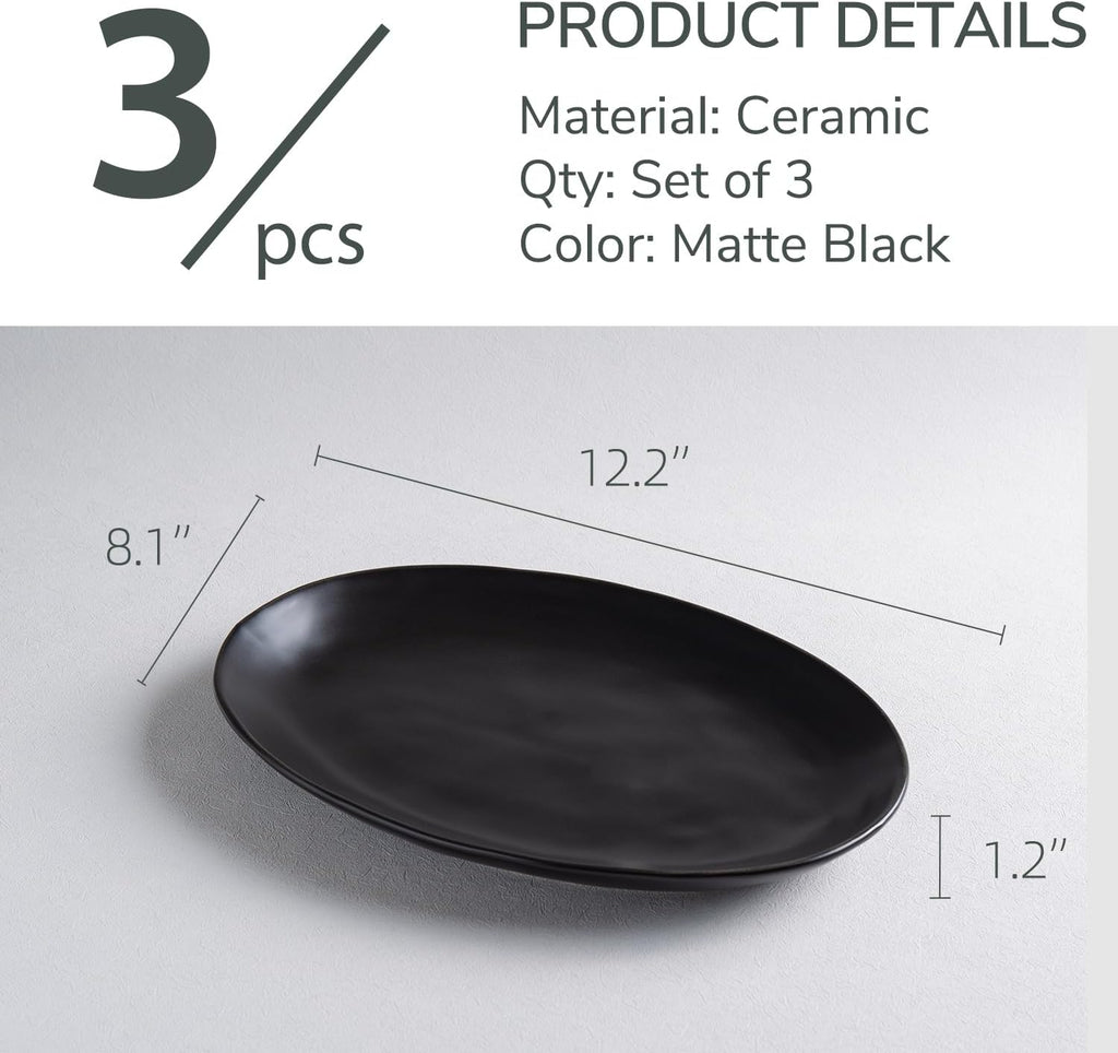 Ceramic Serving Platters, 12" Black Serving Tray, Serving Plates, Set of 3