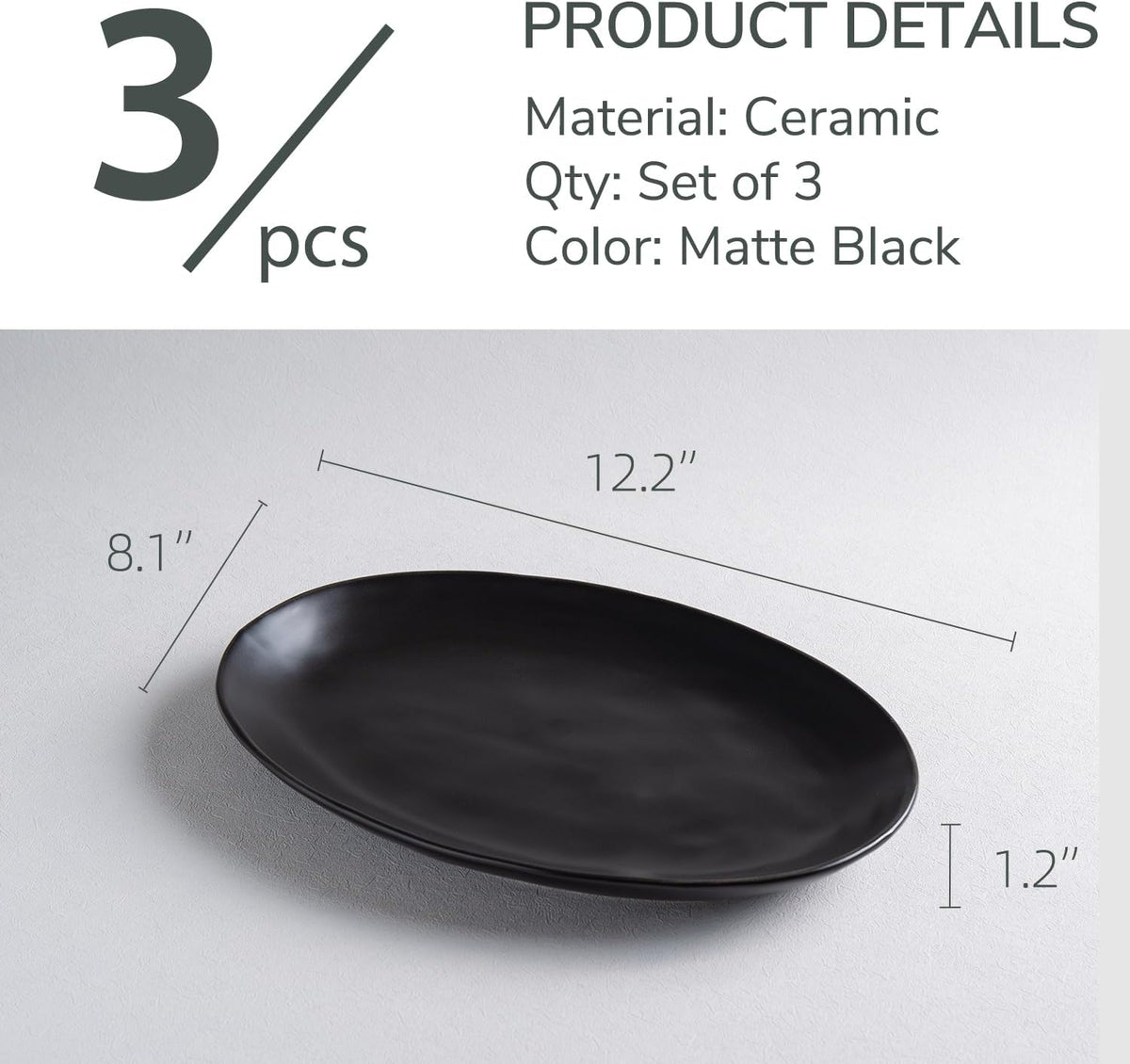 Ceramic Serving Platters, 12" Black Serving Tray, Serving Plates, Set of 3