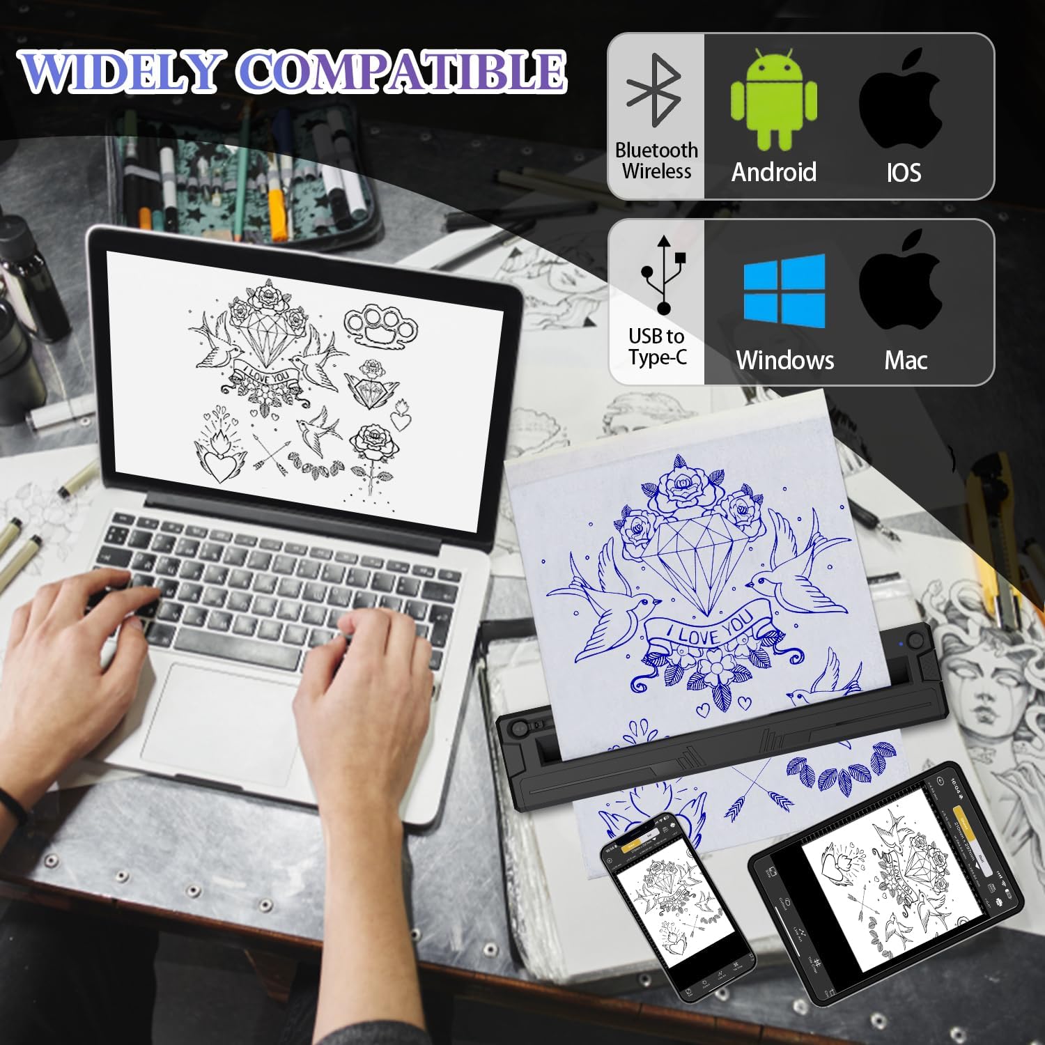 Wireless Tattoo Stencil Printer, Portable Bluetooth Thermal Tattoo Printer with App Custom-Size≤ A4, Print Realistic
