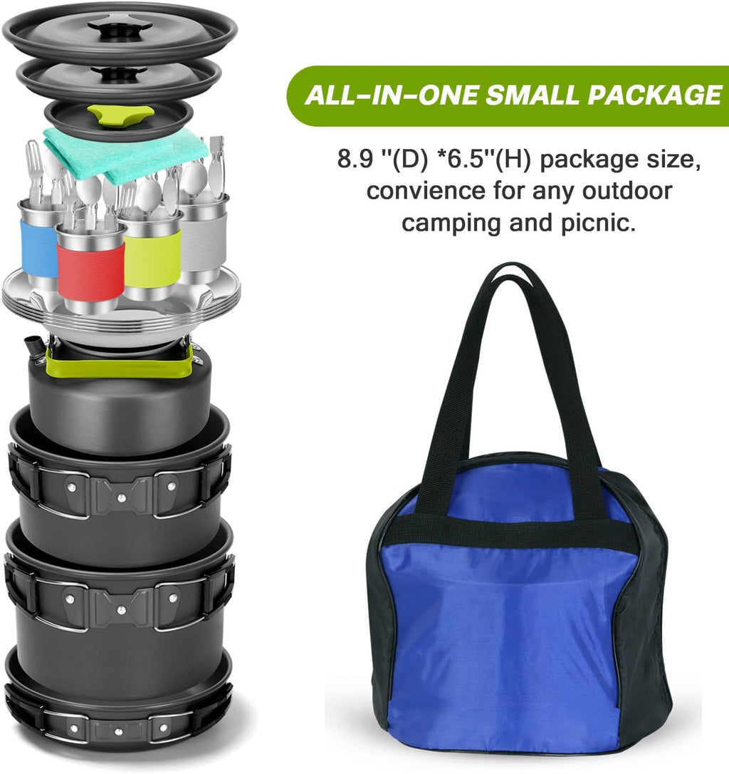 29pcs Camping Cookware Mess Kit, Non-Stick Lightweight Pots Pan Kettle, Collapsible Water Container and Bucket