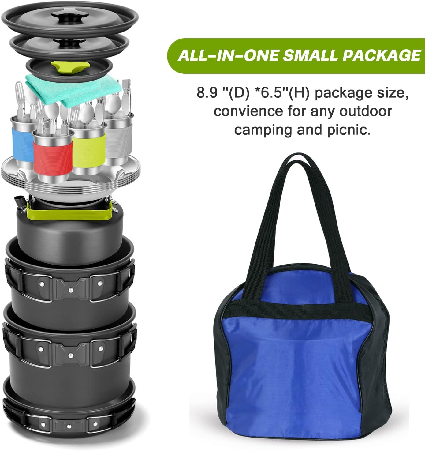 29pcs Camping Cookware Mess Kit, Non-Stick Lightweight Pots Pan Kettle, Collapsible Water Container and Bucket