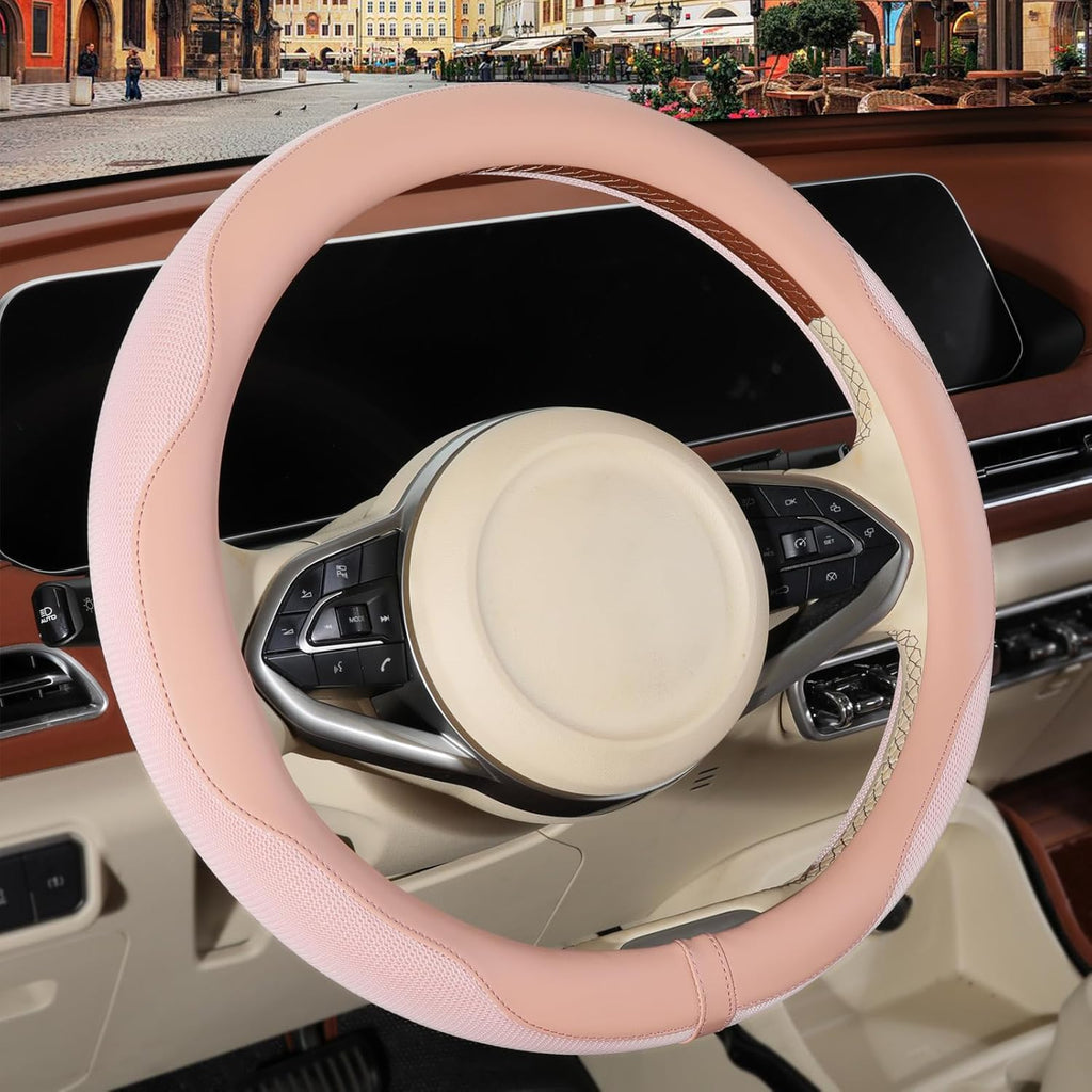 Nappa Leather Pink Steering Wheel Cover, Advanced Microfiber Leather Non-Slip Breathable Fabric, Warm in Winter and