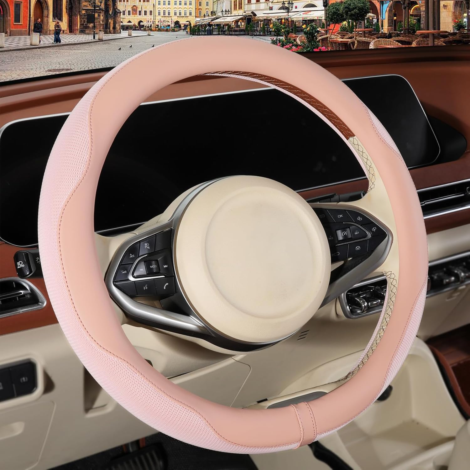 Nappa Leather Pink Steering Wheel Cover, Advanced Microfiber Leather Non-Slip Breathable Fabric, Warm in Winter and