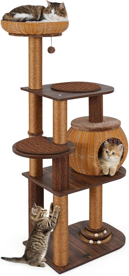 59.5-inch Tall Rattan Cat Tree, Multi-Level Modern Wooden Cat Tower