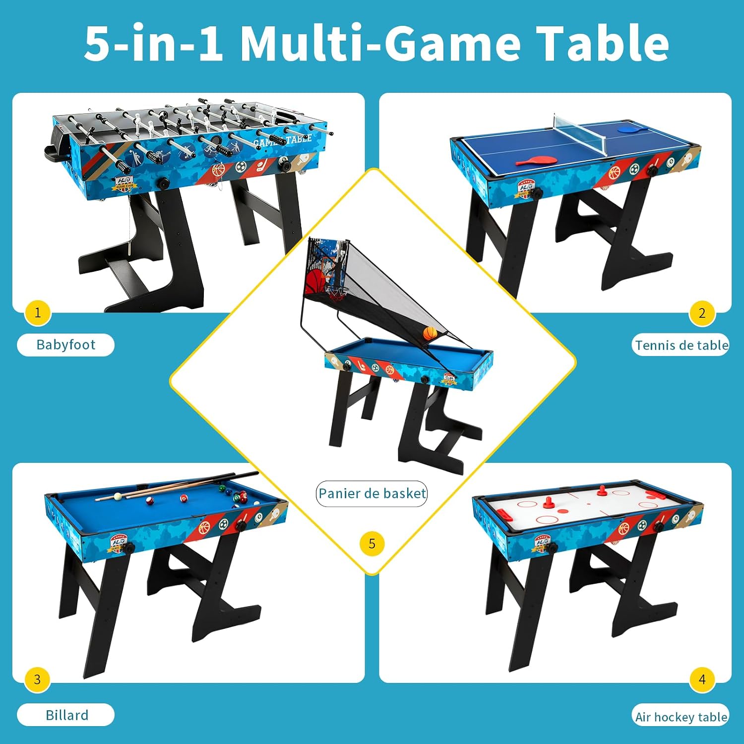 5 in 1 Multi Combo Game Table,Folding Multi Game Combination Table Set with Soccer Foosball Table,Pool Table,Hockey