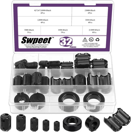 Swpeet 32Pcs 7 Sizes Clip-on Ferrite Ring Core with Toroid Core Assortment Kit, RFI EMI Noise Suppressor Cable Clip for 3.5/5/7/9/13/15/42 * 24 * 16mm Diameter HDMI USB Cable
