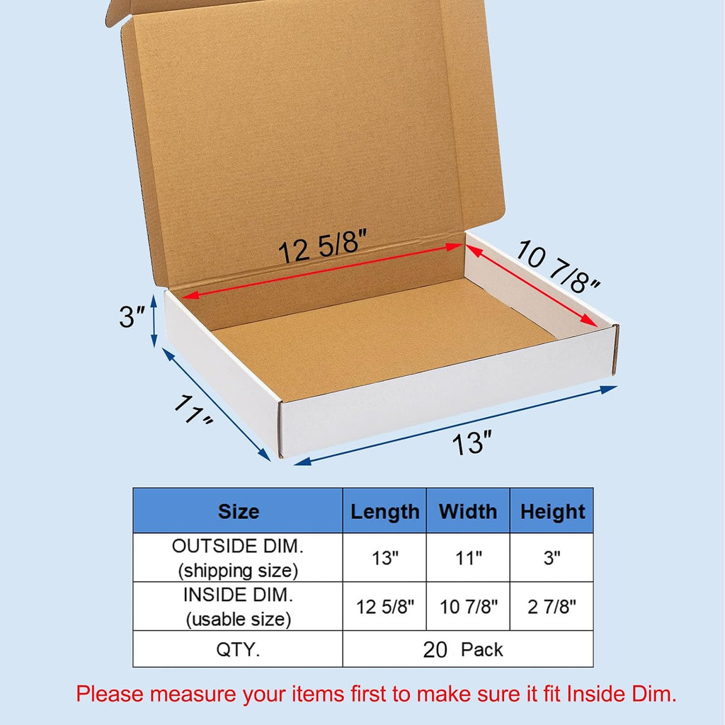 White Shipping Boxes 13x11x3" 20 Pack Corrugated Cardboard Box