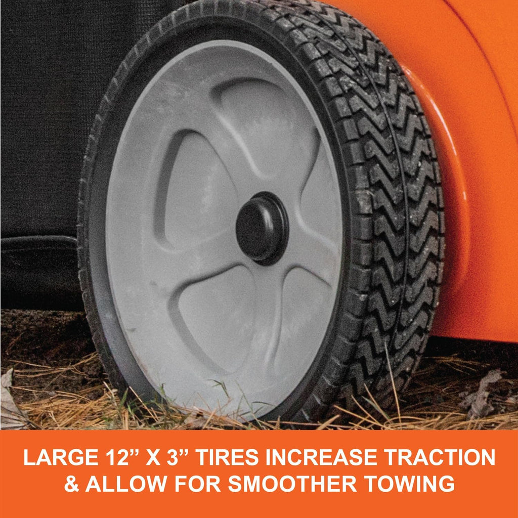 44 In Tow-Behind Lawn Sweeper with 28 Cu Ft Flow-Through Hopper Bag, Adjustable Brush Height, and Dump From Seat Handle