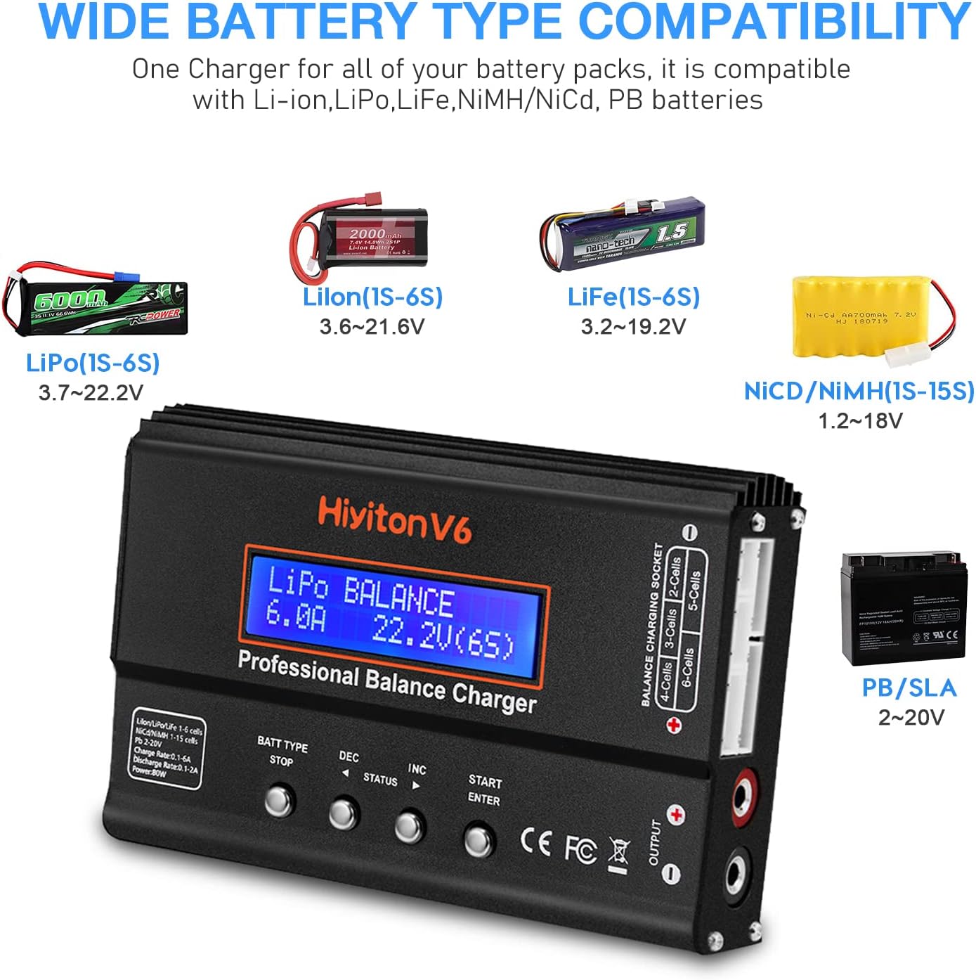 6A Lipo Battery Charger, 1S-6S Balanced Charger Discharger, 1-6S Lipo Li-ion NiMH NiCD Li-Fe Battery with Tamiya XT60