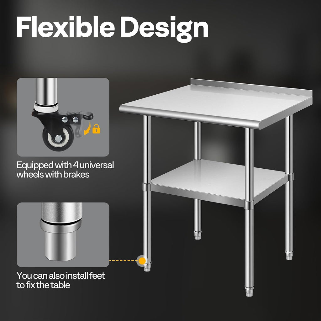 24 x 18 Inch Stainless Steel Work Table with Backsplash and Wheels