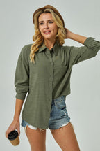 Womens Cotton Button Down Shirt Long Sleeve Casual Blouse with Pocket