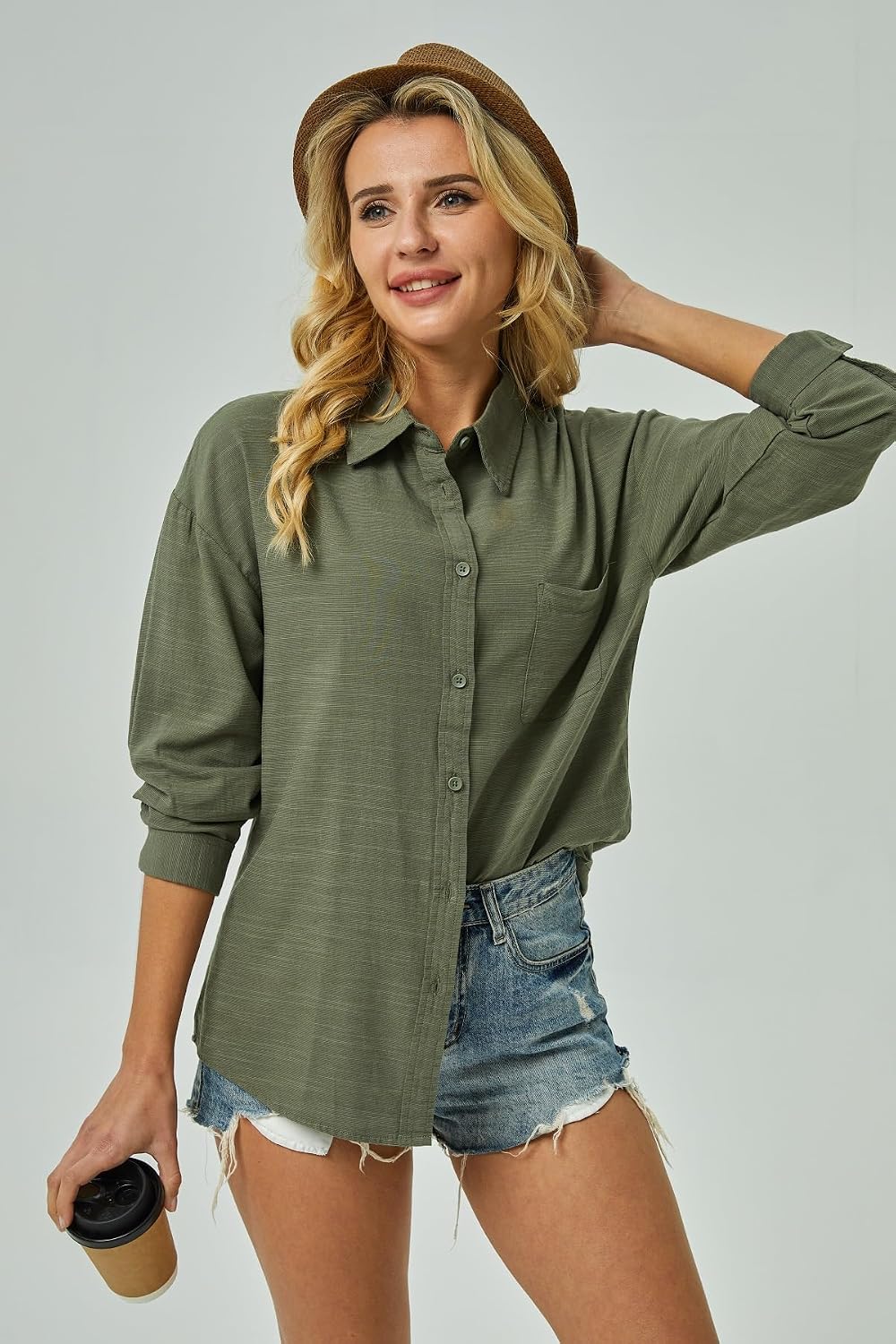 Womens Cotton Button Down Shirt Long Sleeve Casual Blouse with Pocket