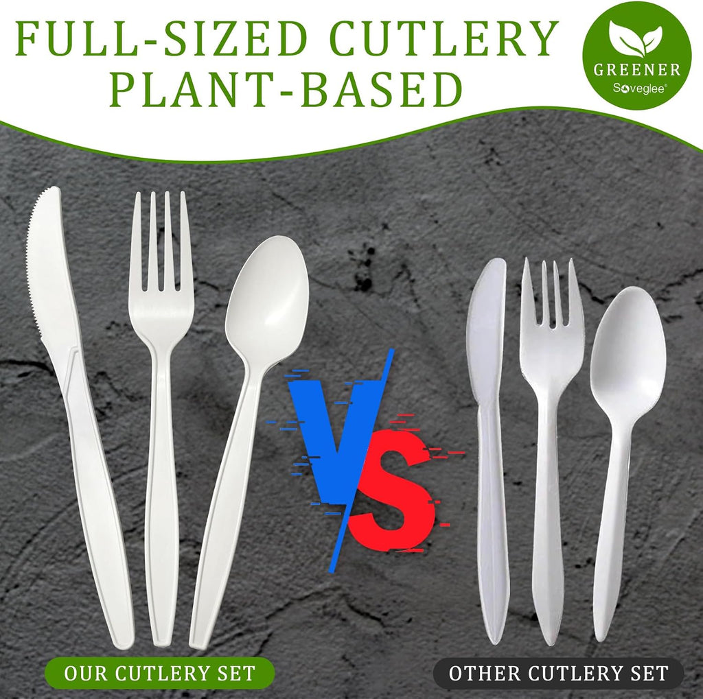 300 Count Compostable Utensils, No Plastic Cutlery Disposable 100 Forks 100 Spoons 100 Knives, White Compostable