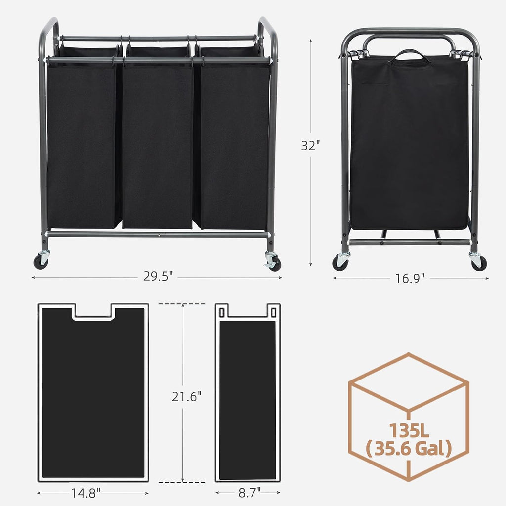 3 Section Laundry Sorter, 35.6 Gal (135 L) Laundry Hamper Cart with Heavy Duty Rolling Lockable Wheels and Removable