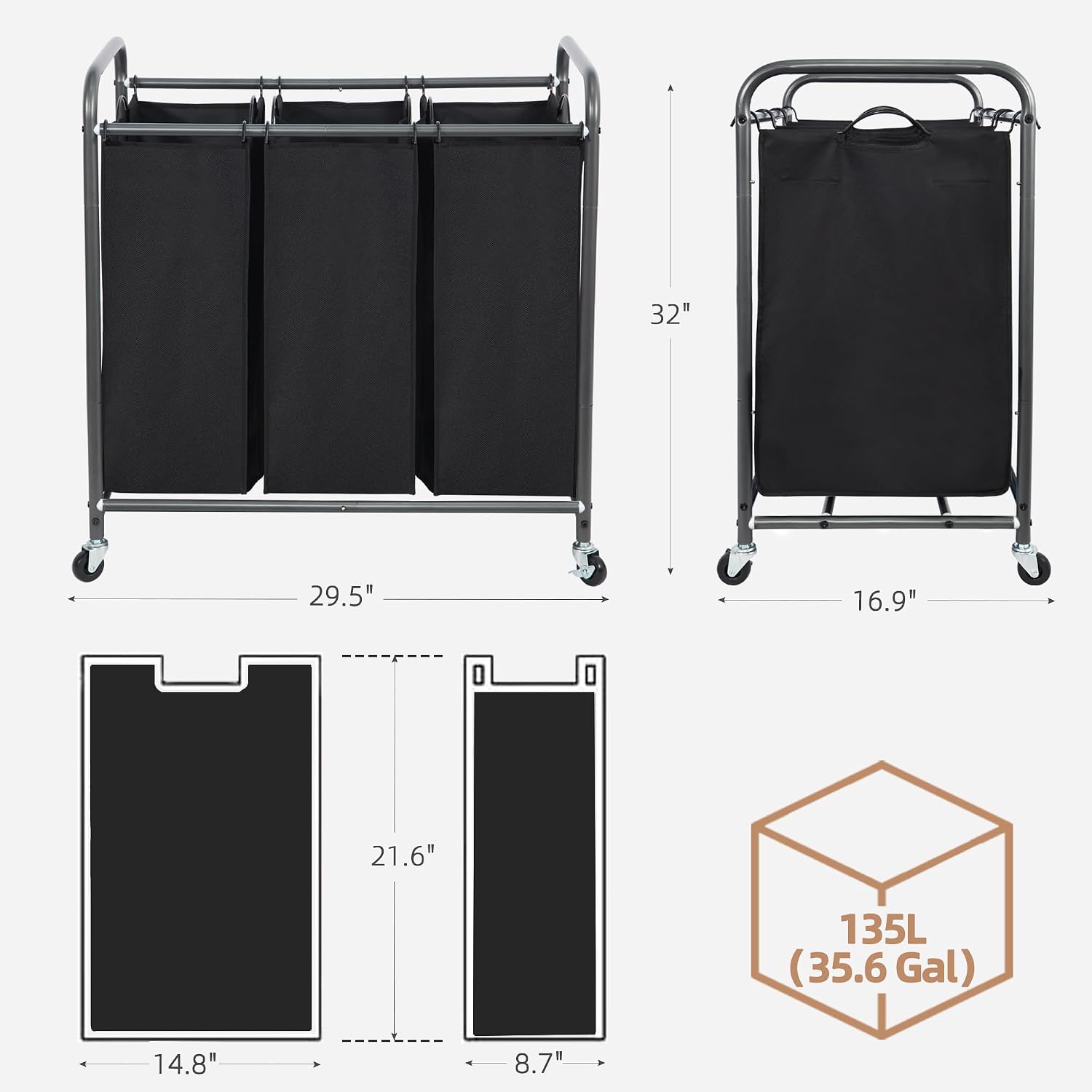 3 Section Laundry Sorter, 35.6 Gal (135 L) Laundry Hamper Cart with Heavy Duty Rolling Lockable Wheels and Removable