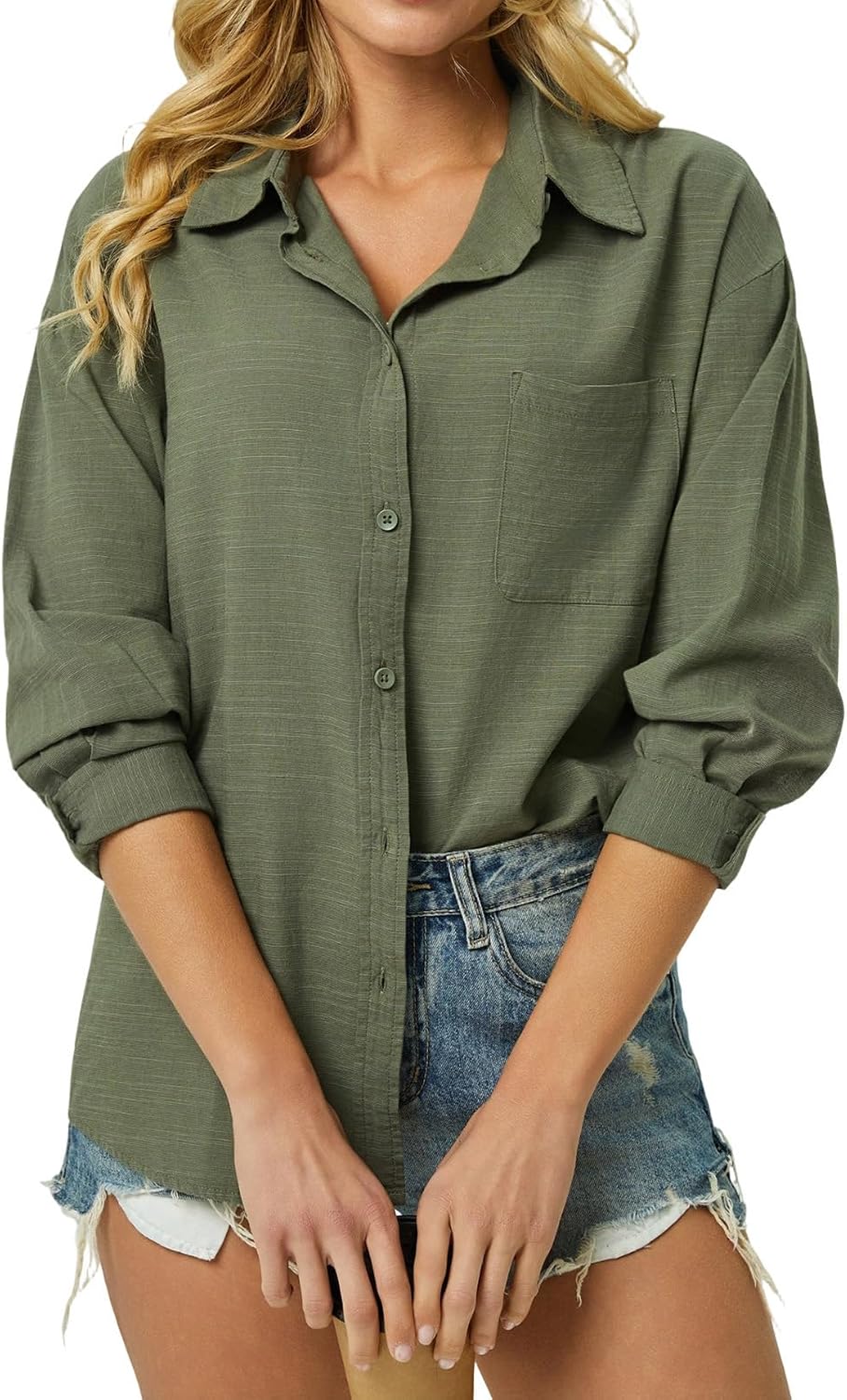 Womens Cotton Button Down Shirt Long Sleeve Casual Blouse with Pocket