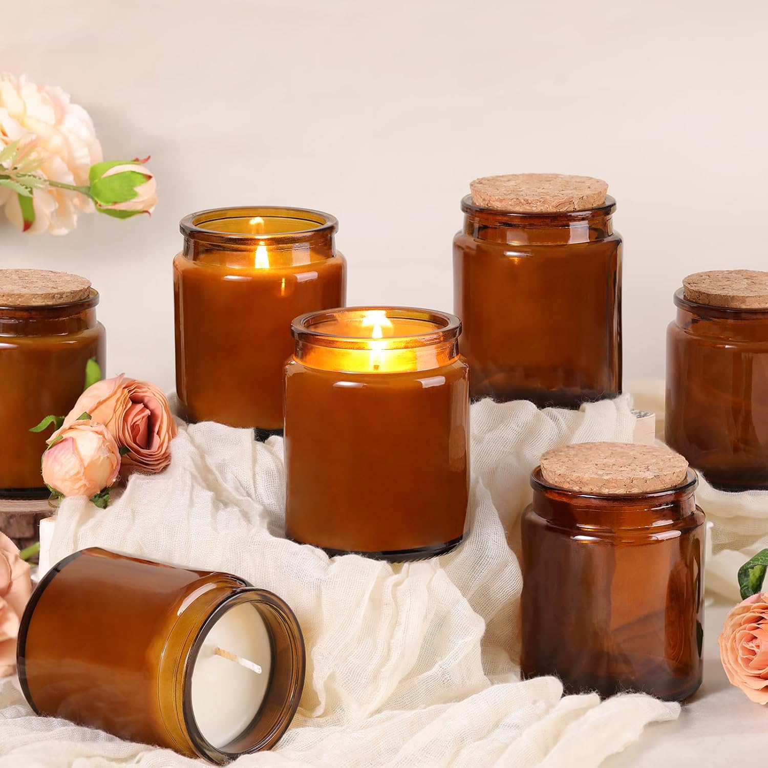 12Pcs Amber Candle Jars for Making Candles, 7.5oz Glass Jars for DIY | Wooden Lids and Labels, Candle Making Supplies
