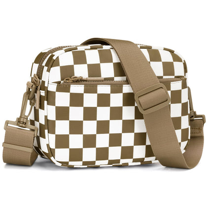 Small Checkered Crossbody Bag for Women Cute Purses Trendy Shoulder Handbags Wide Strap Caramel Check