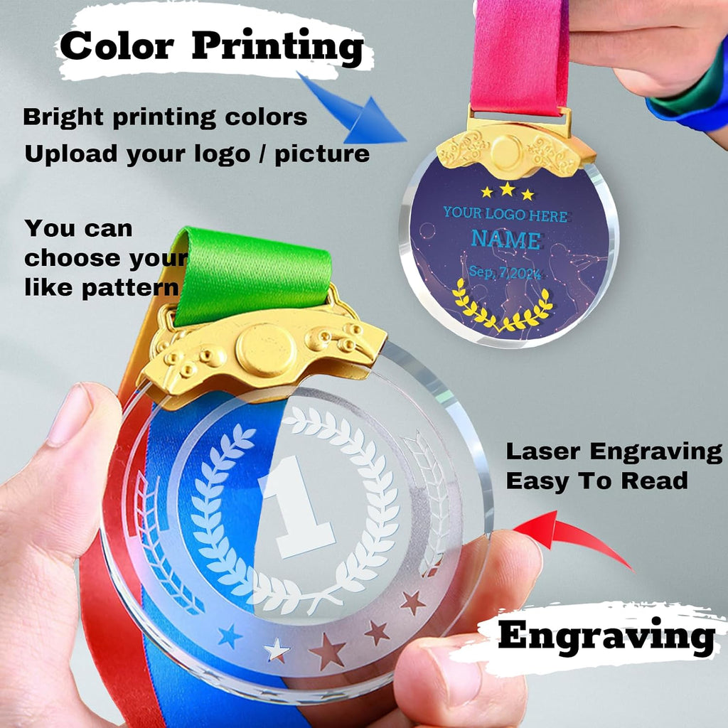 Custom Medals for Awards Personalized Crystal Award Medals with Neck Ribbons Gold Silver Bronze Medals for Adults MVP