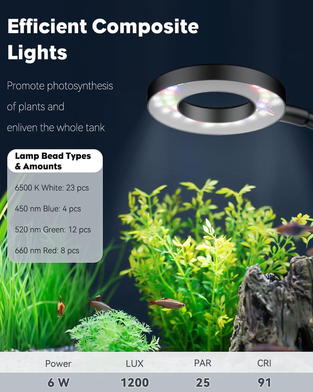 6 W LED Aquarium Light for 1 to 5 Gallon Fish Tanks Clip On Fish Tank Light USB Moving Aquarium Lamp with Full