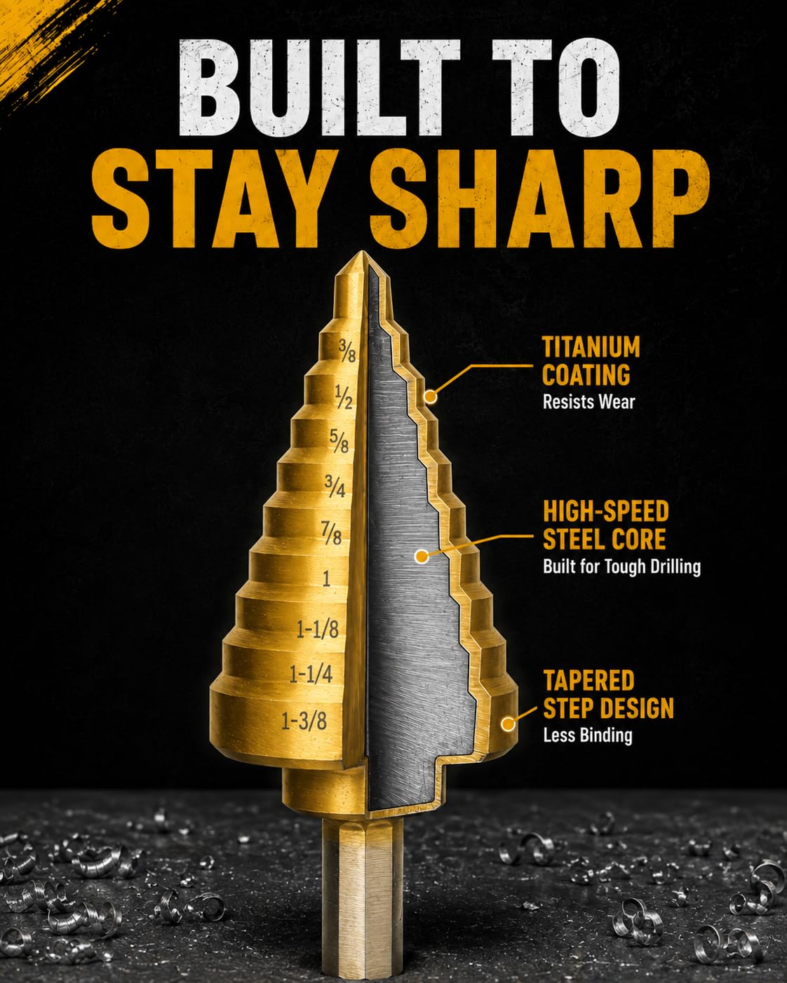 HSS Step Drill Bit for Metal, 3/8" Tri-Shank, 10 Steps from 1/4" to 1-3/8"