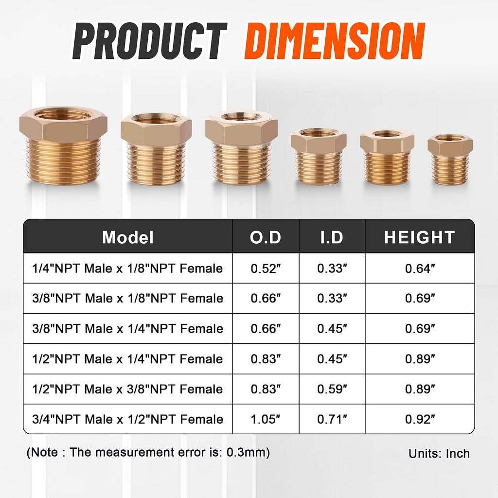 18PCS Brass Hex Reducer Bushing Fitting Kit,NPT Thread