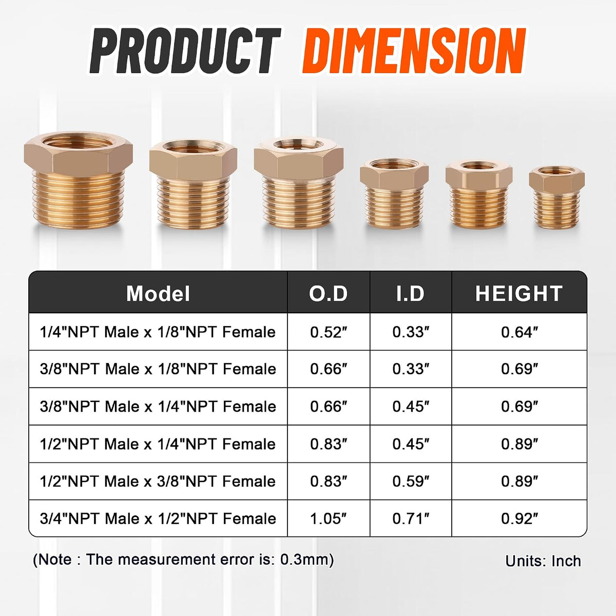 18PCS Brass Hex Reducer Bushing Fitting Kit,NPT Thread