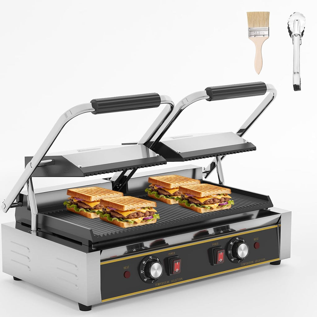 Commercial Panini Press - Electric Sandwich Maker w/ 19"x9" Grooved and Enamel Plates, 3600W Stainless Steel Panini