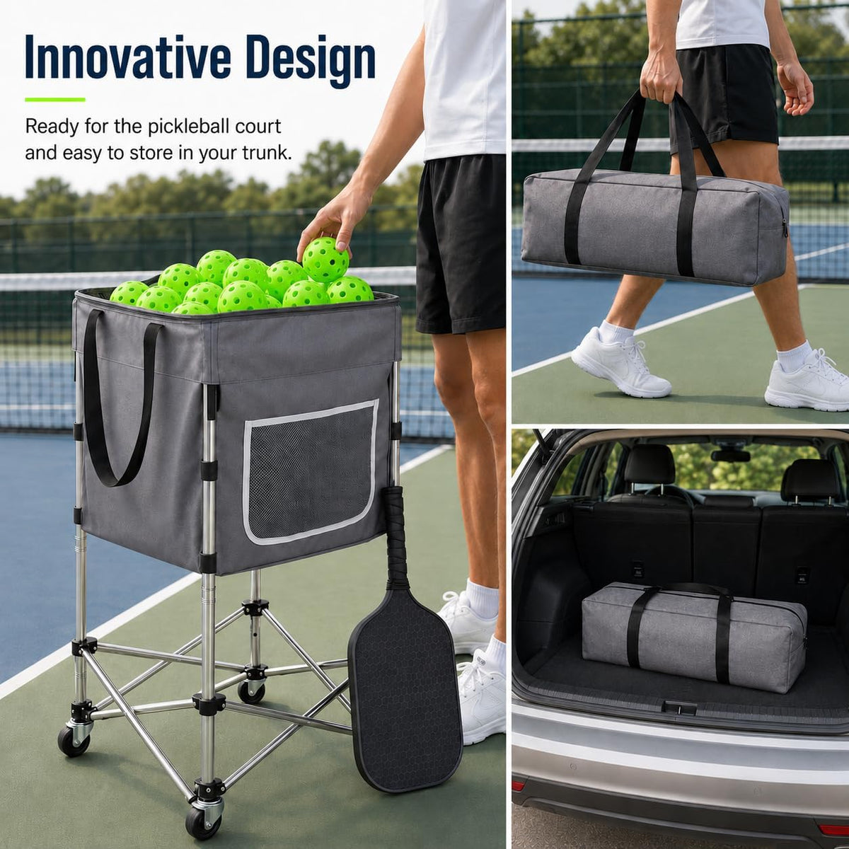 Tennis Ball Hopper with Wheels, 180 Capacity Ball Cart, Grey