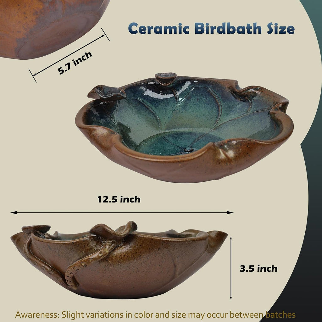 Ceramic Birdbath Solar Fountain, 12.5-Inch Heavy Duty Ceramic Bird Bath Bowl for Outdoor Water Fountain, Wildlife