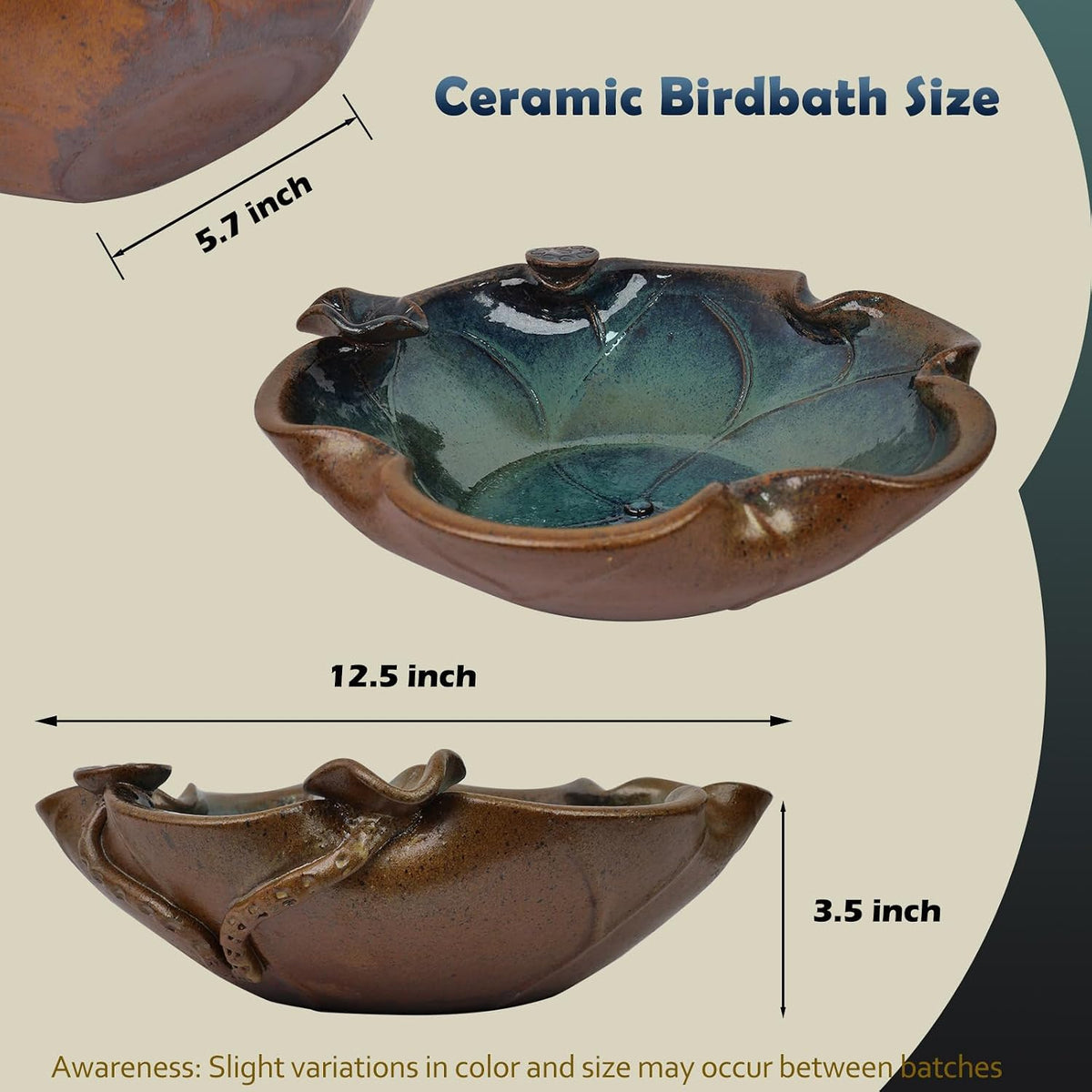 Ceramic Birdbath Solar Fountain, 12.5-Inch Heavy Duty Ceramic Bird Bath Bowl for Outdoor Water Fountain, Wildlife