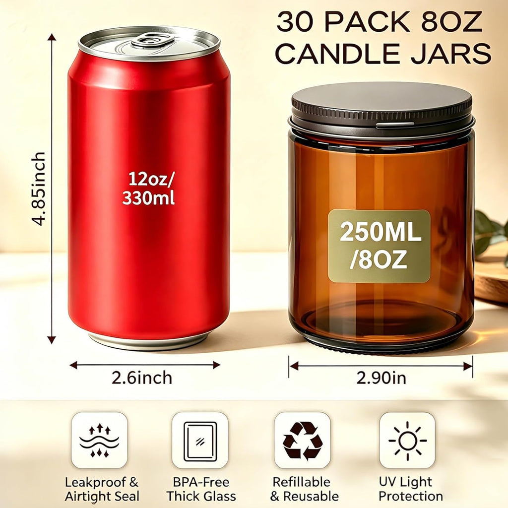 8oz Amber Candle Jars Set of 30,Round Glass Jars with Black Lids,Empty 250ml Glass Candle Making Jar Bulk Thick Small