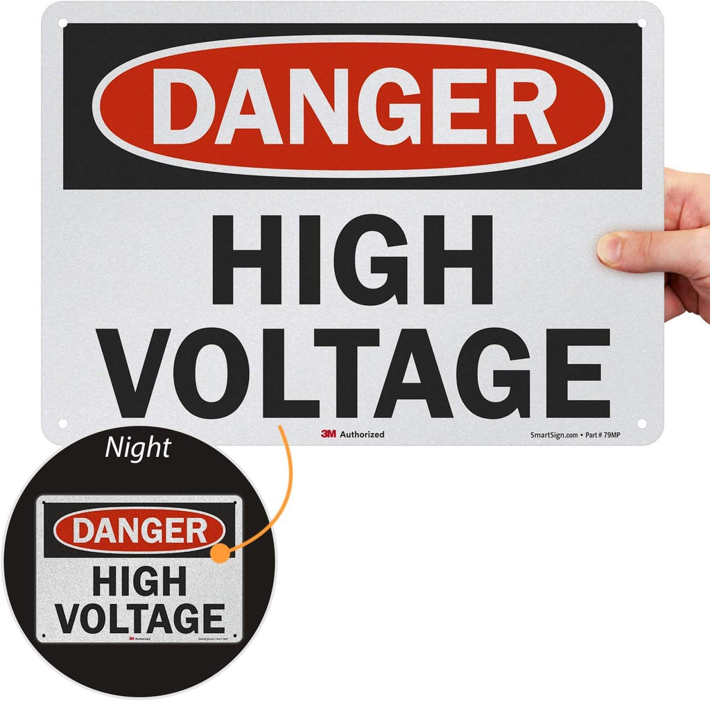 3M Engineer Grade Reflective OSHA Safety Sign, Legend "Danger: High Voltage", 10" high x 14" wide, Black/Red on White