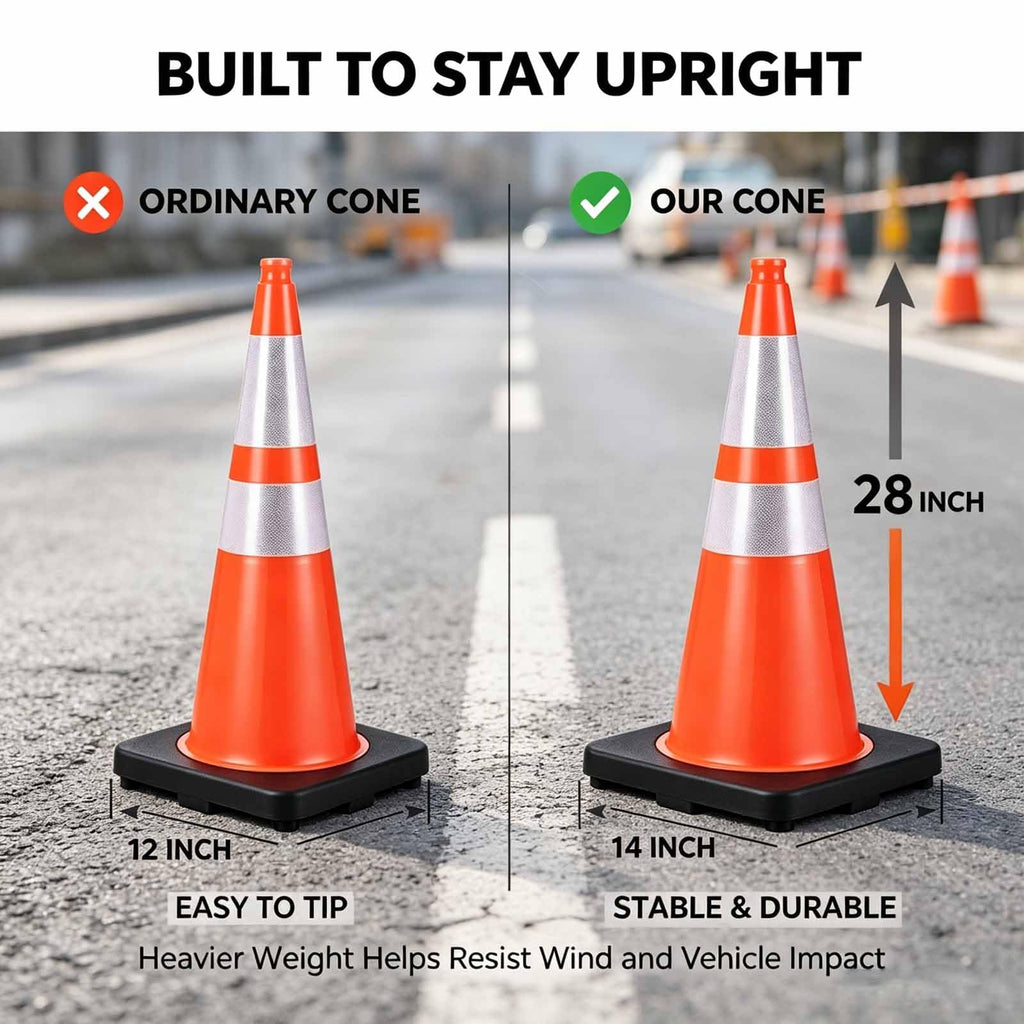 28 Inch Traffic Cones with 7 Lb Black Base & Reflective Collars 8 Pack