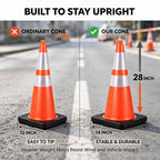 28 Inch Traffic Cones with 7 Lb Black Base & Reflective Collars 8 Pack