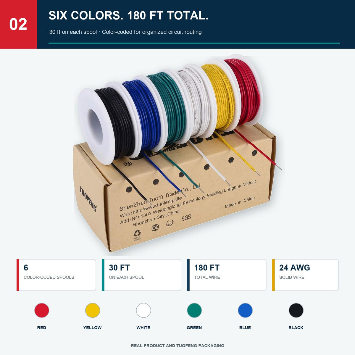 TUOFENG 24 AWG Solid Core Hookup Wire Kit, Tinned Copper, 6 Colors, 180 ft