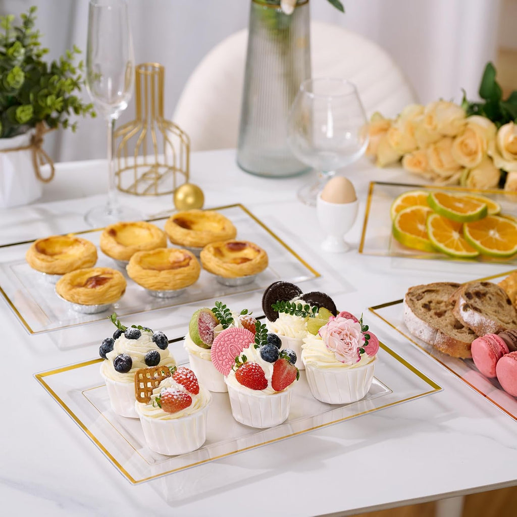 8 PCS Plastic Serving Trays for Party, Clear Gold Rim Platters