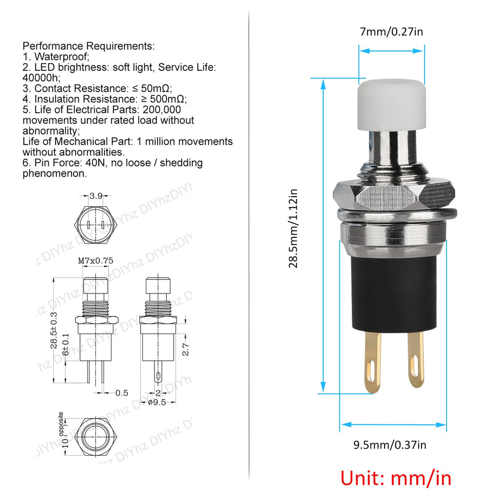 DIYhz 5Pcs Self Locking SPST Latching Type Dash ON/Off White Push Button Switch AC 250V/3A