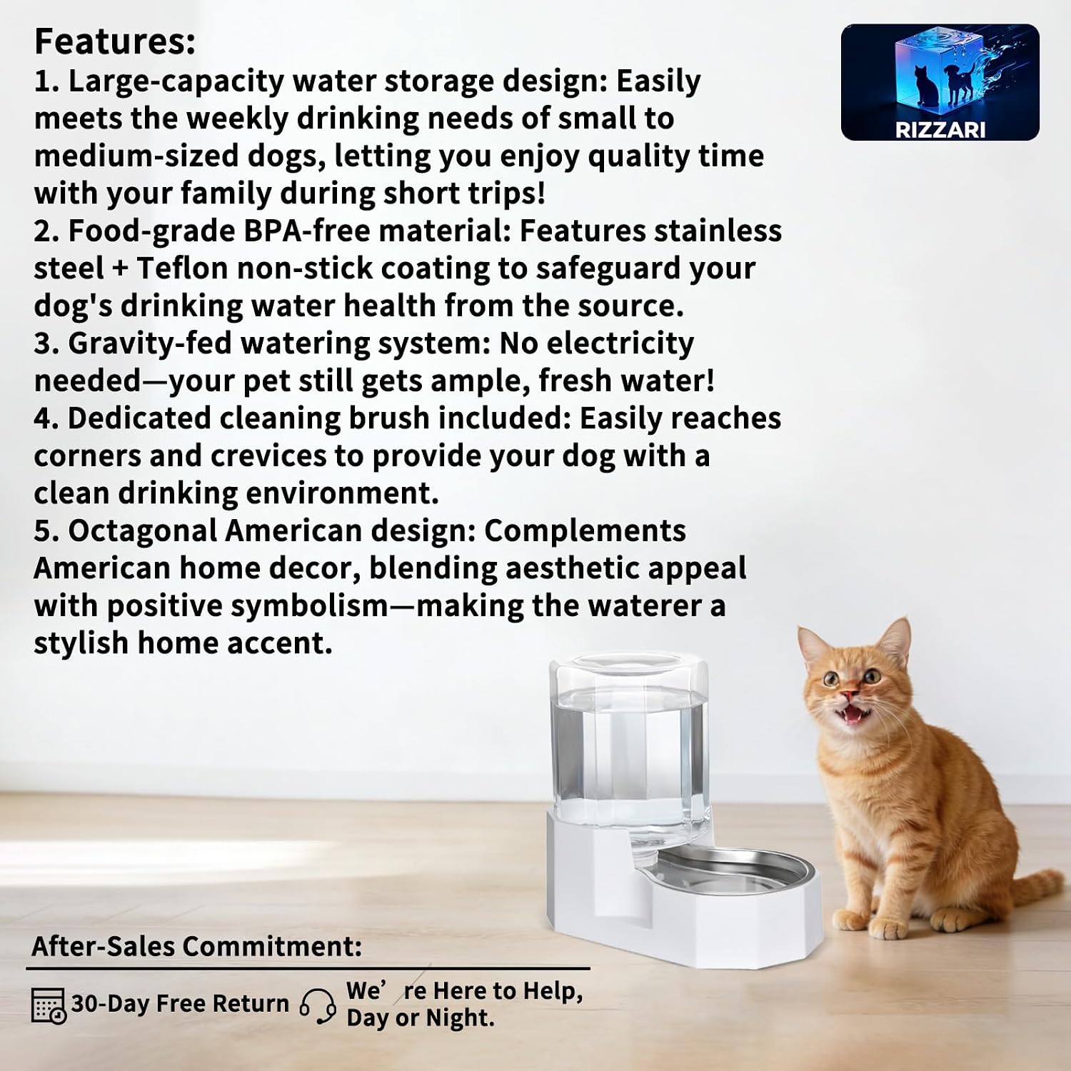 Large Dog Water Dispenser: 4L Stainless Steel Gravity Cat Water Feeder - Quiet Refill - No Power Needed - for Kittens