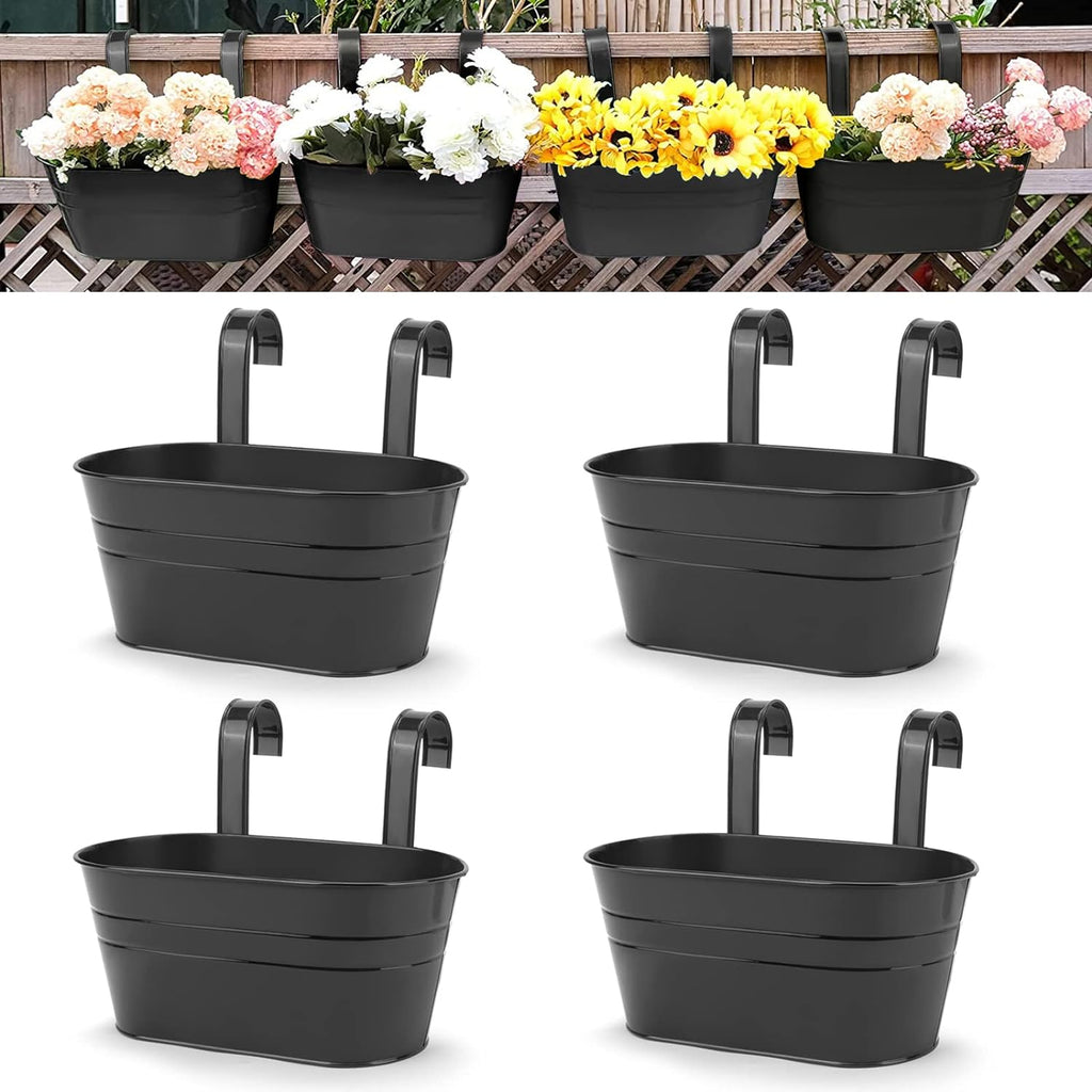 4pcs Hanging Flower Pots, Metal Iron Wall Planter Indoor/Outdoor for Railing Fence Balcony Garden Home Decoration