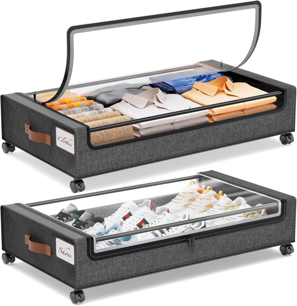 Under Bed Storage with Wheels, 2Pack Under Bed Storage Containers, Underbed Shoe Storage Organizer, Rolling Under Bed