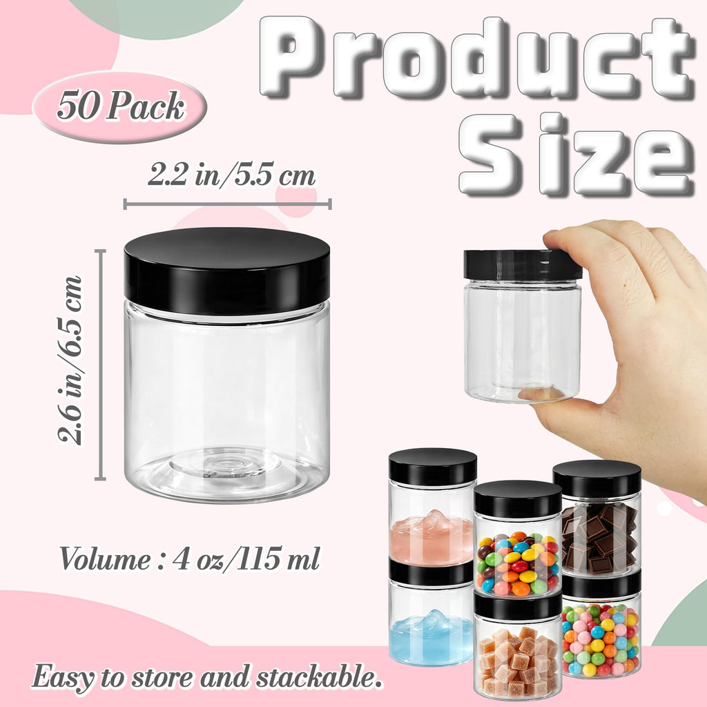 50 Pack 4oz Clear Plastic Jars with Lids,115ml Wide-Mouth Refillable Storage Containers,Empty Round Containers for