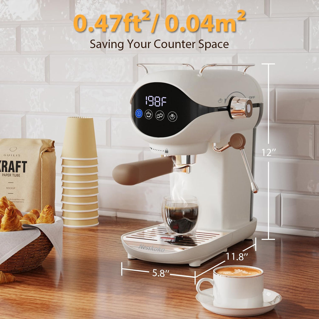 Espresso Machine with Steam Milk Frother Semi Automatic 20 Bar Compact White with Touch Screen for home Cafetera