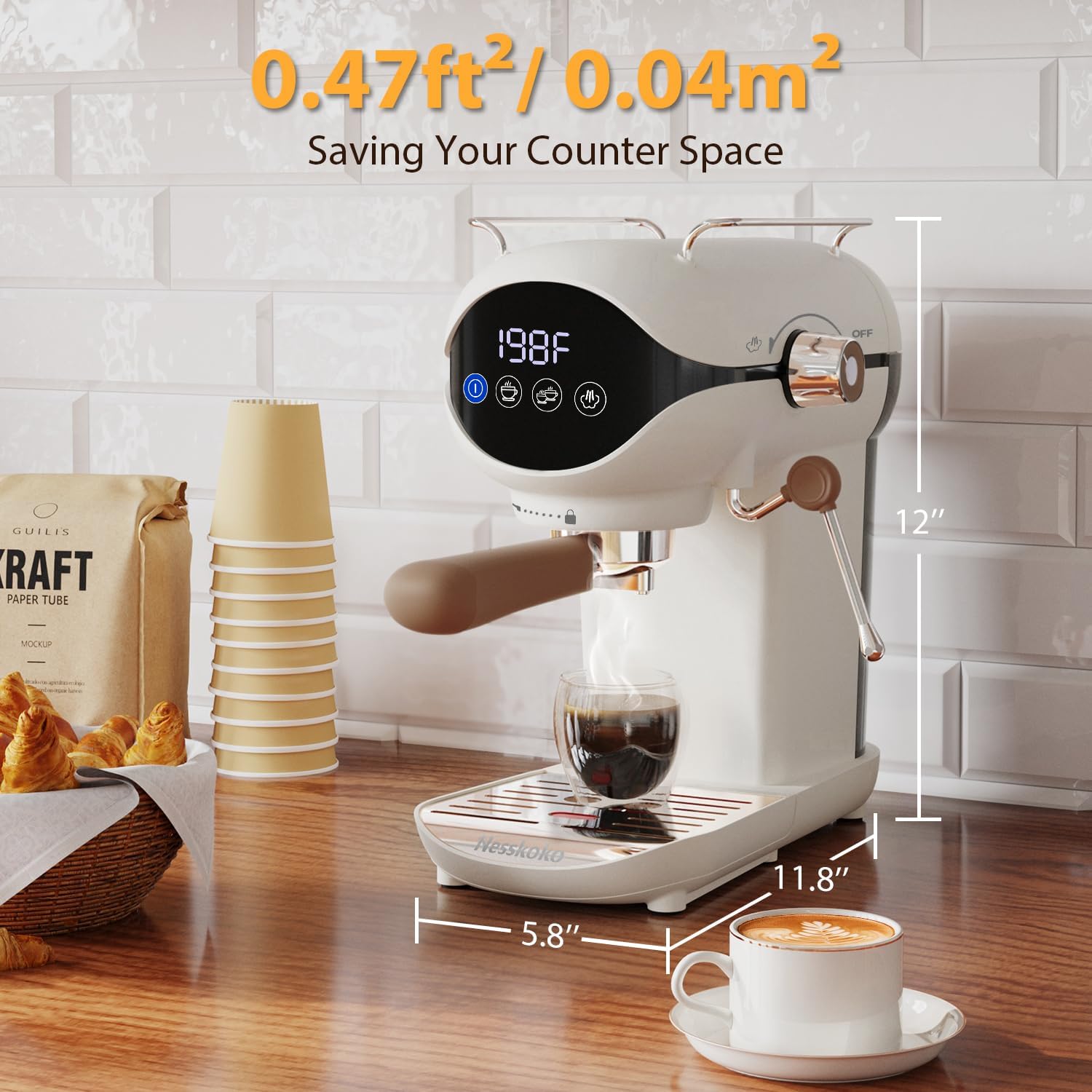 Espresso Machine with Steam Milk Frother Semi Automatic 20 Bar Compact White with Touch Screen for home Cafetera