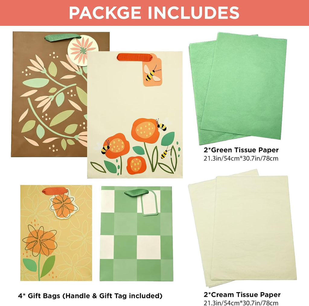 4 Pack Large Medium Fall Gift Bags Assorted Sizes with Tissue Paper
