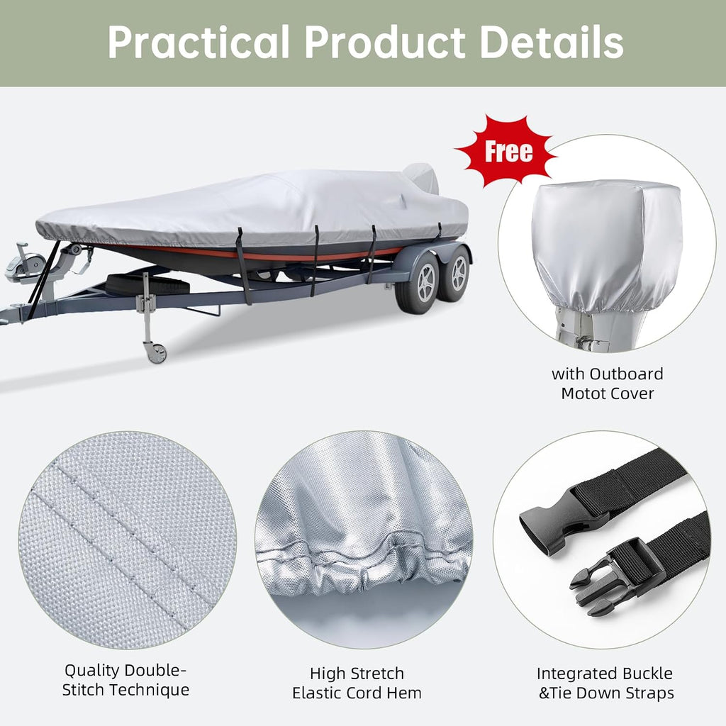 Waterproof 16'-18.5' Boat Cover with Motor Cover, Trailerable Cover | Marine Grade Oxford Fabric, UV & Tear