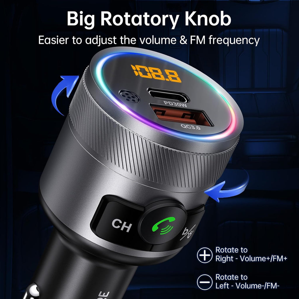 Bluetooth 5.4 FM Transmitter for Car, 38W PD&QC3.0 Dual USB Charging Bluetooth Car Adapter Microphone & Bass Sound